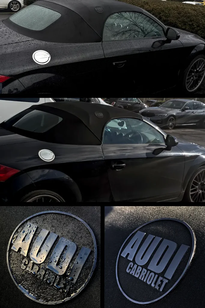 Convertible roof fabric repair patch for soft-top cars, showing side, rear, and close-up views in wet and dry conditions, highlighting waterproofing, flexibility, embossed design, and universal fit for BMW, Audi, Mercedes, Porsche, Mazda, VW, Austin Healey, Morgan, and all convertible vehicles